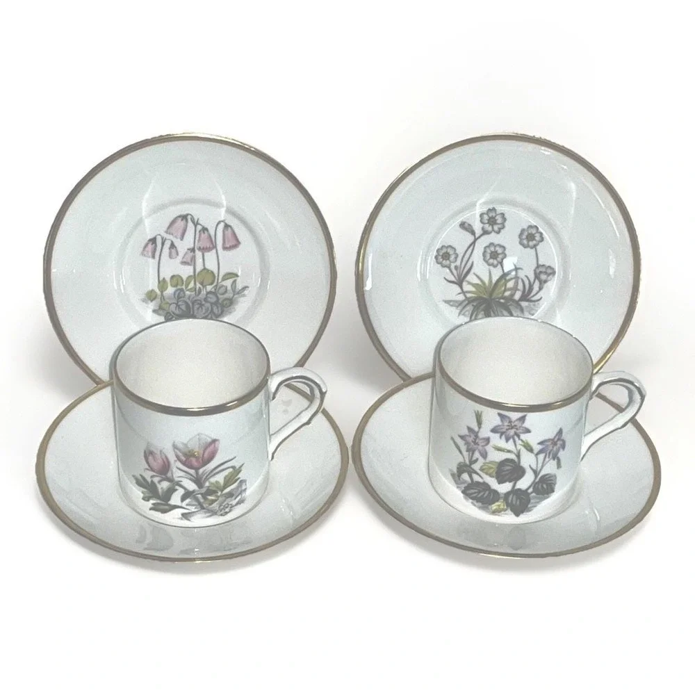 2 Royal Worcester Demitasse Cups & 4 Saucers Alpine Flower Wildflower Bone China